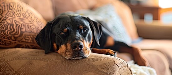 Sticker - A black and tan canine resting on a sofa indoors representing a cozy home pet scene with room for text or design in the image. Copy space image. Place for adding text and design