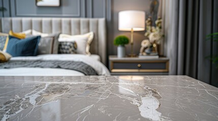 Wall Mural - This is a stylish and very inviting bedroom space that features elegant marble accents and contemporary decor