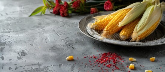 Sticker - Baby corn in the husk with red silk arranged on a sieve plate presenting a picturesque scene on a gray table with a copy space image