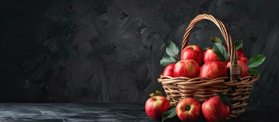 Wall Mural - Wicker basket holds ripe red apples and leaves on dark grey table with copy space image