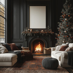 Wall Mural - Frame mockup above fireplace in elegant living room | Cozy seating with Christmas tree and decorations | Black walls and large window with autumn view