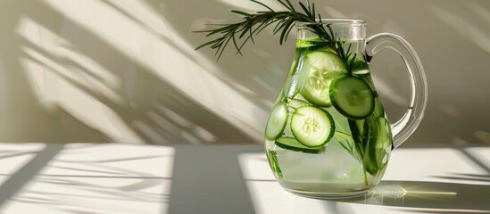 Poster - A jug of cucumber water infused with rosemary placed on a white table and providing room for a copy space image