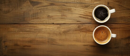 Sticker - Top view of two coffee cups one with Americano and the other with espresso displayed on a wooden table with ample copy space image