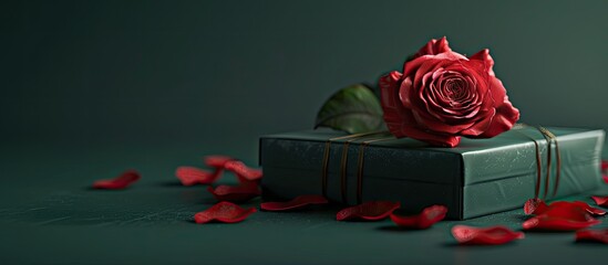 Poster - A gift box featuring a rose and petals displayed against a green backdrop providing ample copy space for images