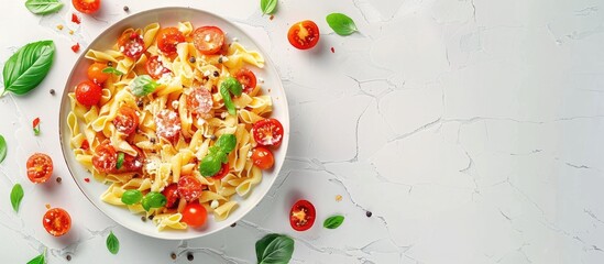 Poster - Top down view of delicious pasta with tomato cheese and basil on a white tiled surface with room for text in the image. Copy space image. Place for adding text and design