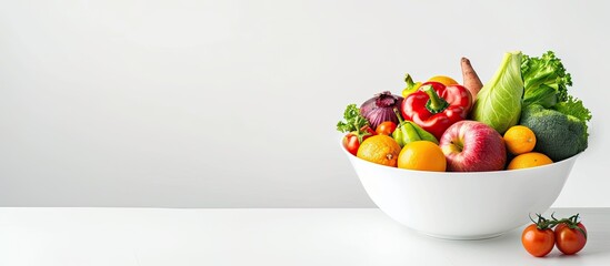 Canvas Print - Raw organic fruits and vegetables in a bowl on a white background with copy space image