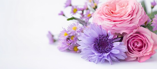 Canvas Print - White background with a template featuring a purple aster flower and pink rose offering ample copy space for text motivation quotes card invitations and more