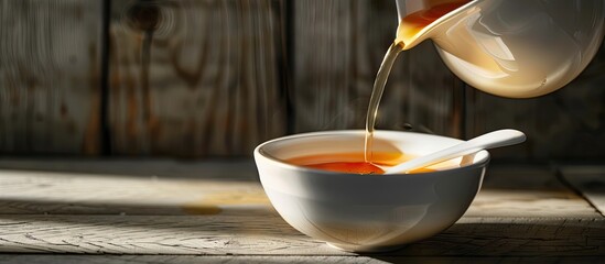 Canvas Print - Pouring liquid from a small white pitcher into a bowl of soup with a spoon in it in a copy space image