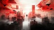 © nunoi - Futuristic cityscape with flying aircrafts, red hues, and misty buildings, creating a dystopian atmosphere filled with mystery and intrigue.