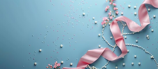 Wall Mural - Flat lay view of a blue backdrop adorned with a pink ribbon pearls and ample copy space image as seen from the top