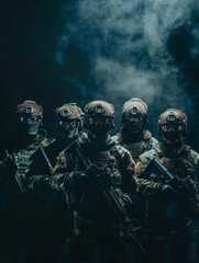 Wall Mural - A group of soldiers stand in front of a dark background with smoke in the air