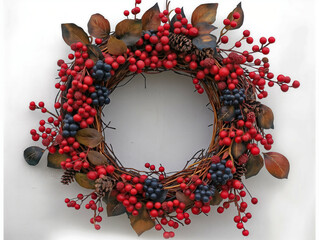 Wall Mural - A wreath made of red berries and pine needles. The berries are in various sizes and are arranged in a circular pattern. The wreath is made of wood and has a rustic, natural feel to it