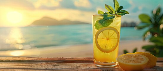 Poster - A refreshing glass of lemonade with mint and lemon placed on a wooden table perfect for showcasing drinks food and products with a beach bar restaurant ambiance in the background Ideal for copy space