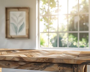 Poster - Wooden table with chevron pattern, Scandinavian design, natural light, wood grain, blurred elements, framed artwork on wall.