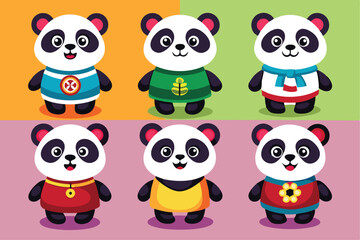 Wall Mural - Six Cute Cartoon Pandas Wearing Different Outfits