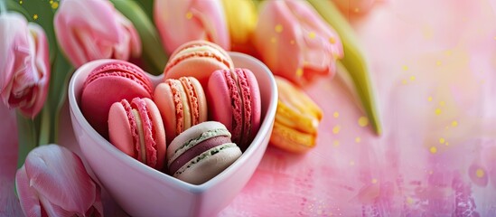 Canvas Print - A heart shaped bowl is filled with pastel tulips and bright macaroons creating a charming and delightful scene suitable for celebrations with copy space image