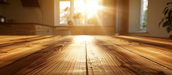 Canvas Print - Sunny interior with blurred background featuring a wooden board on an empty table ideal for a copy space image