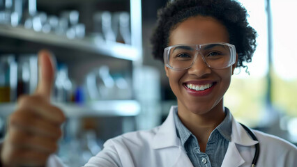 Black female chemist, copy space, smiling