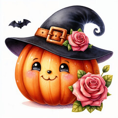 Cute cartoon halloween pumpkin in witch  hat on white background. AI