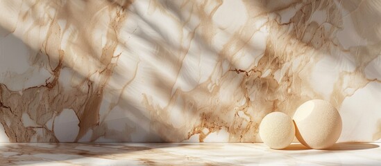 Marble backdrop with cosmetic sponges and foundation allowing for a copy space image