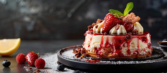 Sticker - Cheesecake with strawberry syrup ice cream lemon and a tiramisu waffle An enticing dessert with a copy space image