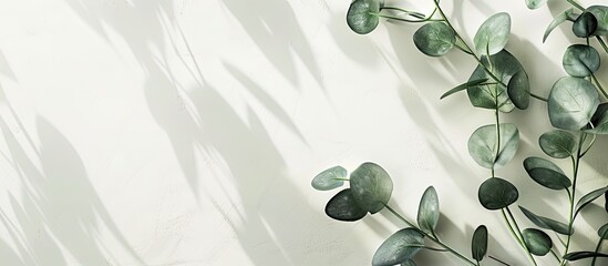 Canvas Print - A vibrant eucalyptus branch against a light backdrop serves as a background for showcasing products like cosmetics with a congratulatory card in a mockup image. Copy space image