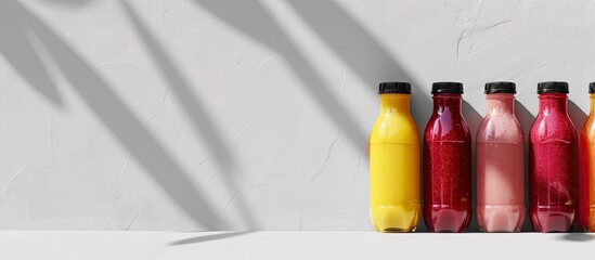 Sticker - Variety of fresh smoothie bottles on a white backdrop with copy space image