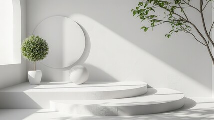 Minimalist white podium with plant and sunlight for product display.