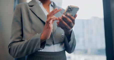 Wall Mural - Business, woman and hands with smartphone in office for calendar management, project updates and sales tracking. Closeup, account manager and online for client communication, networking and review.