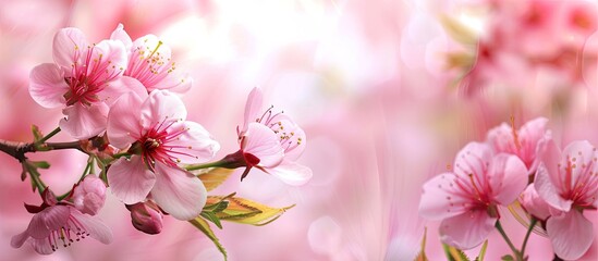 Close up of soft pink peach blossoms on a branch with a blank area for additional text or images known as a copy space image