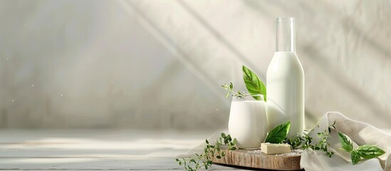 Sticker - Light background with a bottle and glass of alternative milk and herbs allowing text to be added in the copy space image