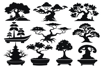 Wall Mural - A Collection of Bonsai Tree Silhouettes in Black and White