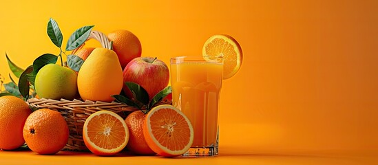 Canvas Print - Orange juice glass with fresh fruit in a basket on an orange backdrop featuring copy space image