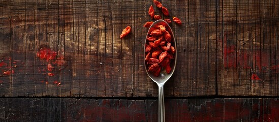 Canvas Print - Top down view of a spoon filled with dried goji berries on a wooden surface featuring empty space for adding text within the image. Copy space image. Place for adding text and design