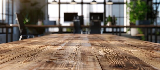 Wall Mural - Wooden table with blurry office backdrop ideal for showcasing office products and presentations in a copy space image