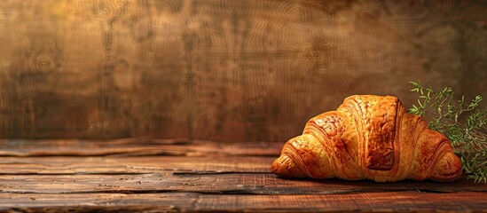 Poster - French sweet pastry known as a croissant next to a rustic copy space image perfect for a fresh bakery food background