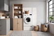 © SOLOTU - Interior of laundry room with washing machines and dirty clothes