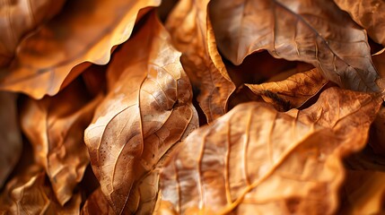 Wall Mural - Ancient drying crisp golden brown leaves close up