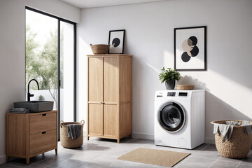 Interior of laundry room with washing machines and dirty clothes