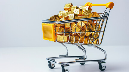 A miniature shopping cart filled with multiple gold bars on a white background, symbolizing wealth, investment, and financial prosperity.