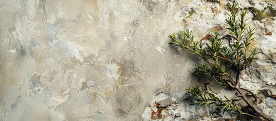 Wall Mural - Aged tree branch on a rocky backdrop with rosemary oil and herbs Copy space image available