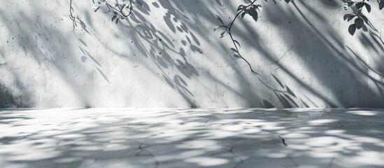 Wall Mural - white concrete floor and walls display leaf and branch shadows creating a natural pattern with light