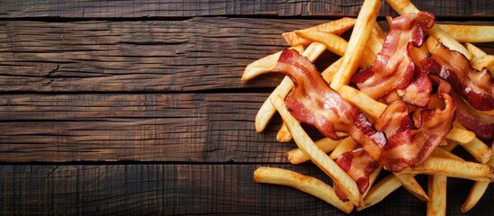 Canvas Print - Flat lay of tasty French fries with bacon on a wooden table there is an empty area for adding text in this copy space image