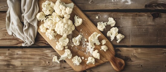 Canvas Print - Cauliflower pieces neatly arranged on a wooden cutting board with ample copy space image