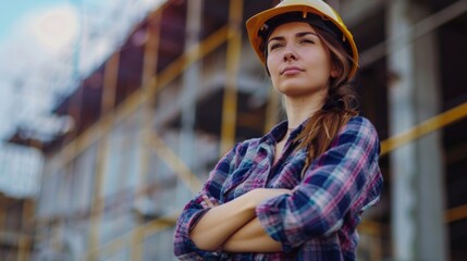 Poster - A beautiful woman worker wearing a hat to prevent accidents, standing with her arms crossed, confident in the construction