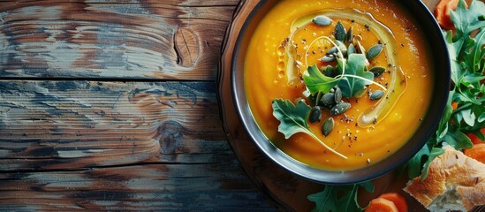 Poster - Creamy roasted pumpkin and carrot soup topped with seeds and fresh greens in a setting suitable for a copy space image