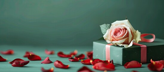 Poster - A gift box featuring a rose and petals displayed against a green backdrop providing ample copy space for images