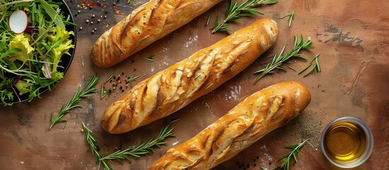 Wall Mural - French baguette displayed on a brown textured background topped with rosemary olive oil and salad in a top down flat lay image with copy space