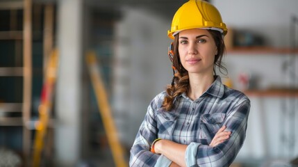 Poster - A beautiful woman worker wearing a hat to prevent accidents, standing with her arms crossed, confident in the construction