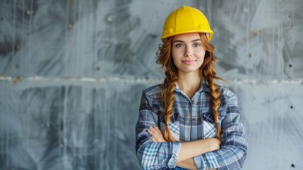 Poster - A beautiful woman worker wearing a hat to prevent accidents, standing with her arms crossed, confident in the construction